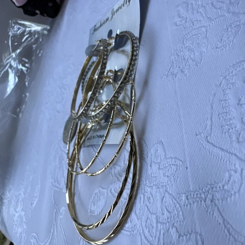 3 Sets Goldetone CZ Hoop 2 2.5 3 Inch Itched Lightweight Earrings NEW
